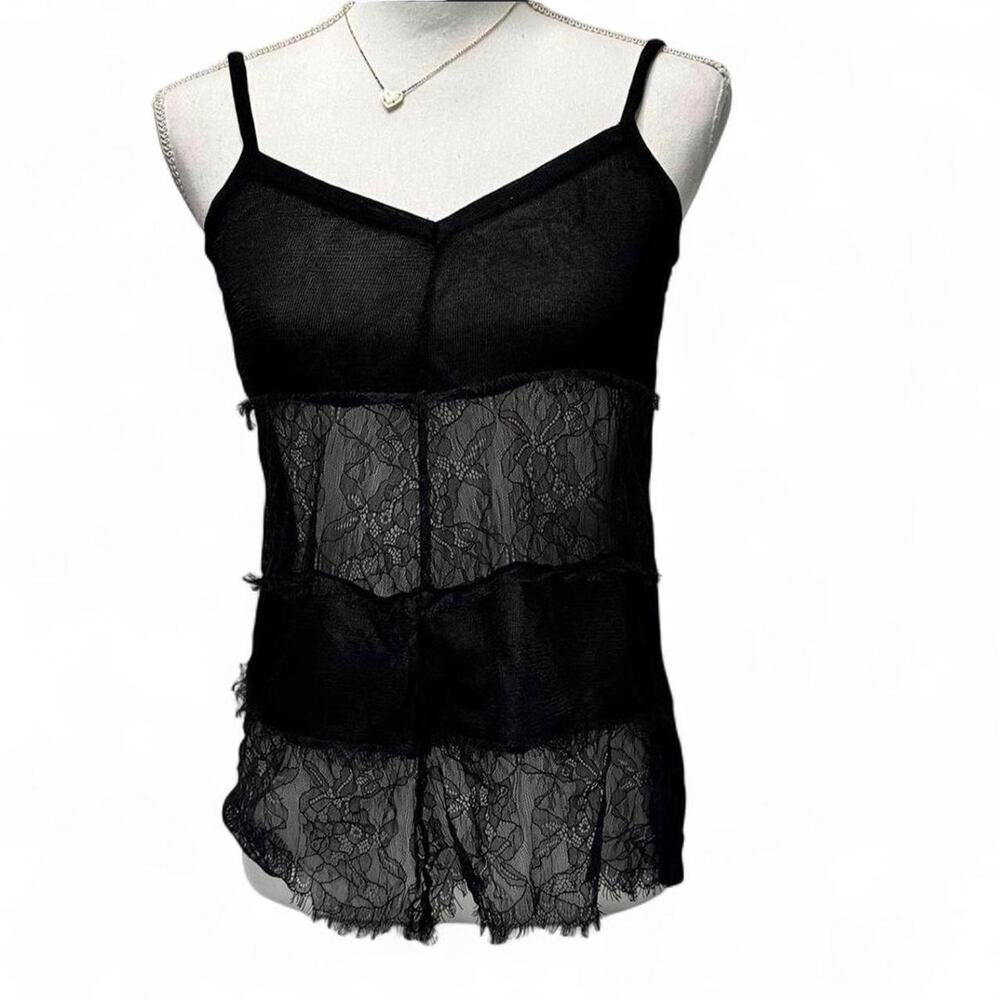 Gianni Bini Black lace cami top with floral design and frayed edges, size M